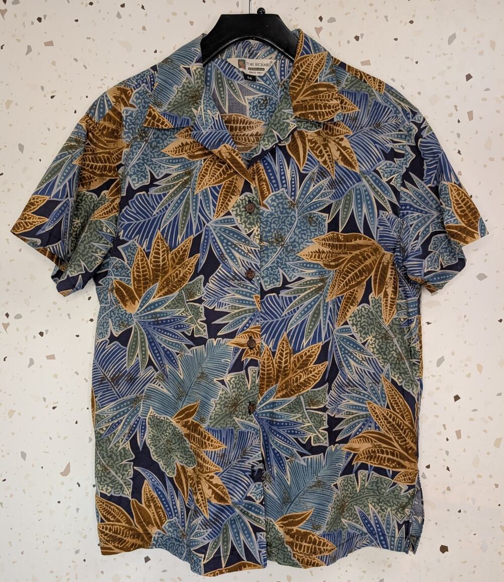 Vintage Tori Richard Hawaiian SS Shirt Blue Green Palm Leaves Luau Vacation Med
